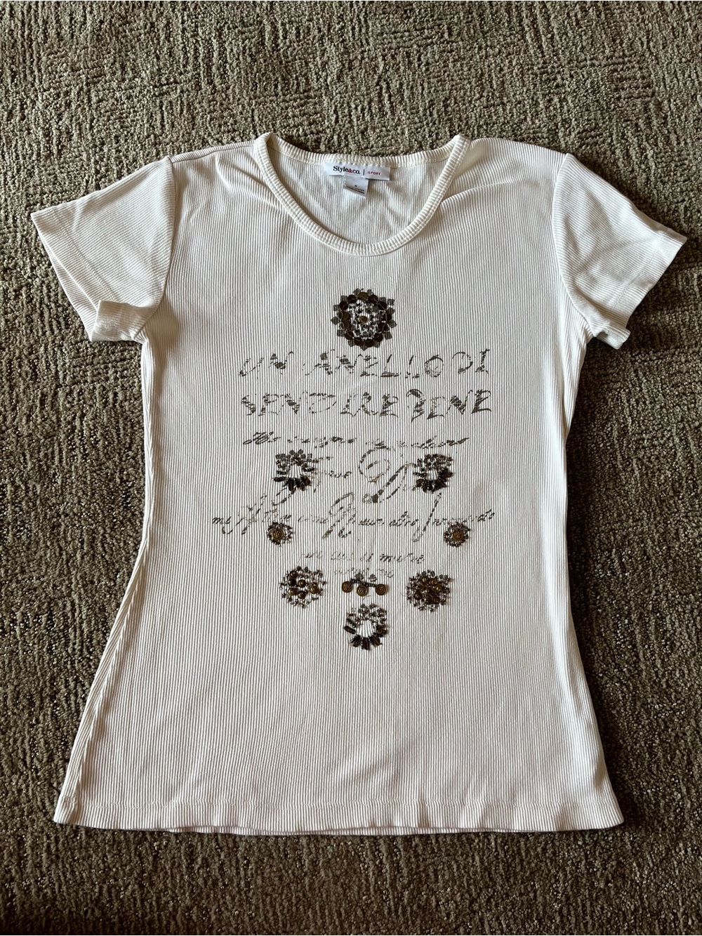 Y2K Vintage Embellished Copper sequin beading Cream Ribbed Tee